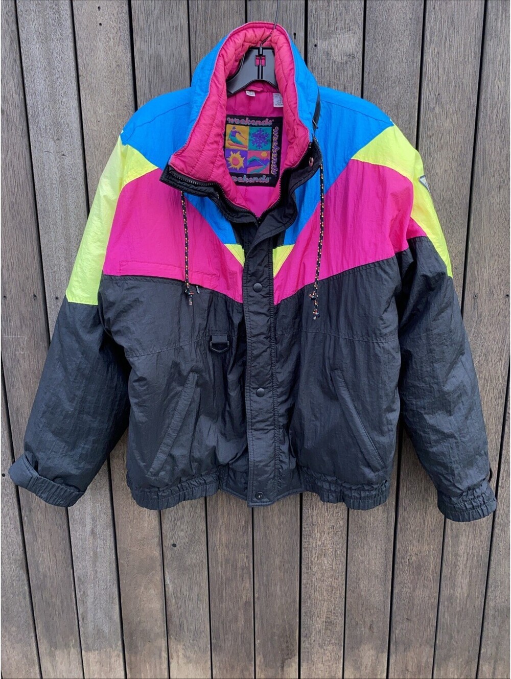 Vintage 1980’s Weekends Neon Colorblock Ski Jacket Nylon Hidden Hood Size Medium